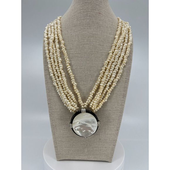 Kenneth Jay Lane Sautoir Mother of Pearl 10 Strand Convertible Choker Necklace - Picture 2 of 5